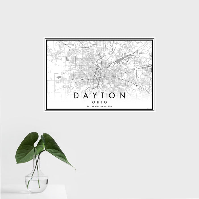 16x24 Dayton Ohio Map Print Landscape Orientation in Classic Style With Tropical Plant Leaves in Water