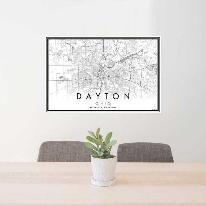 24x36 Dayton Ohio Map Print Landscape Orientation in Classic Style Behind 2 Chairs Table and Potted Plant