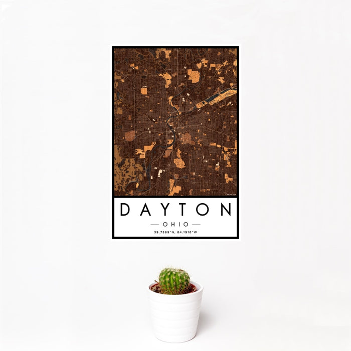 12x18 Dayton Ohio Map Print Portrait Orientation in Ember Style With Small Cactus Plant in White Planter