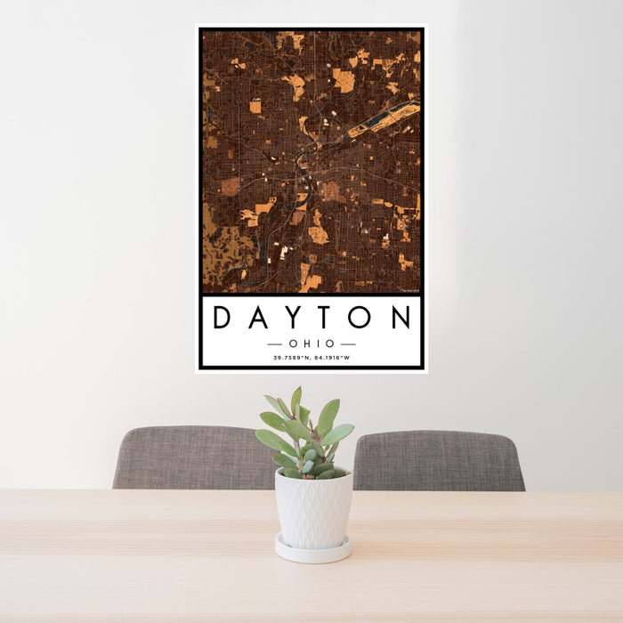 24x36 Dayton Ohio Map Print Portrait Orientation in Ember Style Behind 2 Chairs Table and Potted Plant
