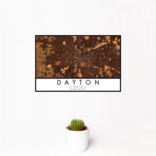 12x18 Dayton Ohio Map Print Landscape Orientation in Ember Style With Small Cactus Plant in White Planter