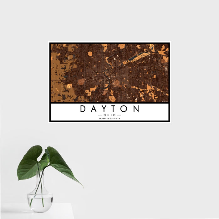 16x24 Dayton Ohio Map Print Landscape Orientation in Ember Style With Tropical Plant Leaves in Water