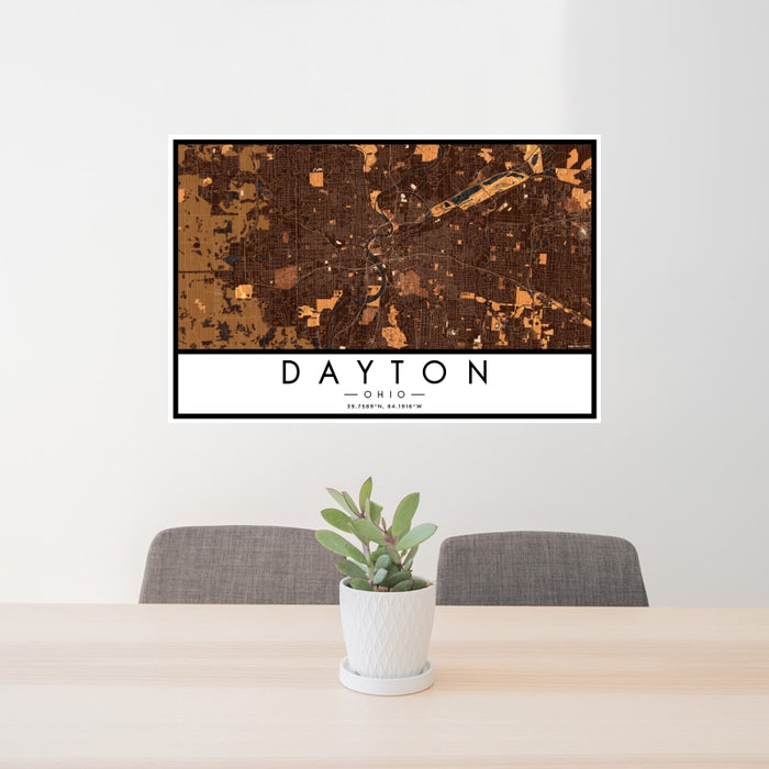 24x36 Dayton Ohio Map Print Landscape Orientation in Ember Style Behind 2 Chairs Table and Potted Plant