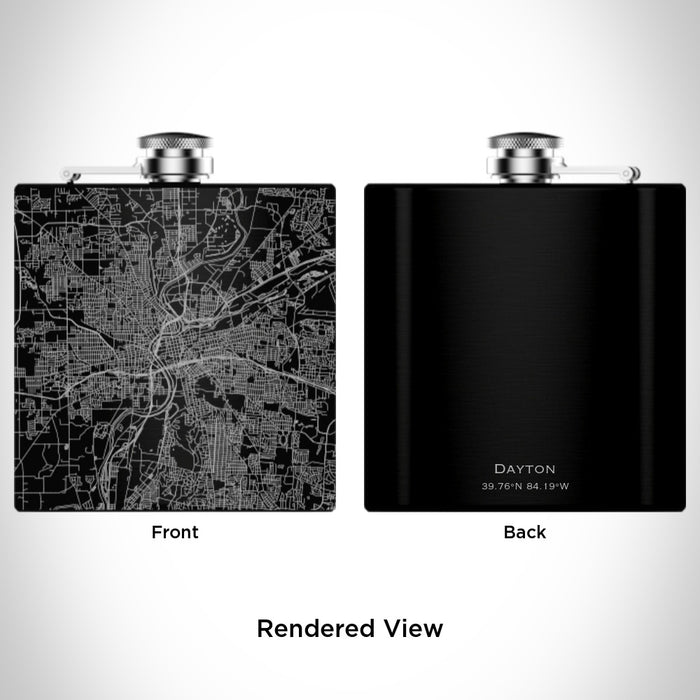Rendered View of Dayton Ohio Map Engraving on 6oz Stainless Steel Flask in Black