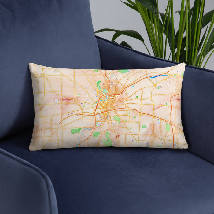 Custom Dayton Ohio Map Throw Pillow in Watercolor on Blue Colored Chair