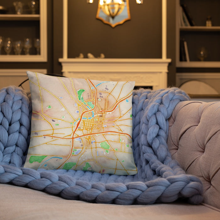 Custom Dayton Ohio Map Throw Pillow in Watercolor on Cream Colored Couch