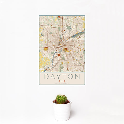 12x18 Dayton Ohio Map Print Portrait Orientation in Woodblock Style With Small Cactus Plant in White Planter