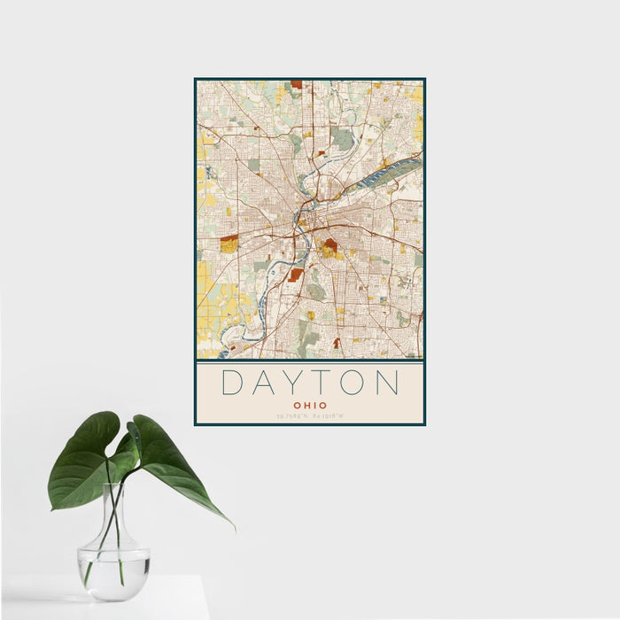 16x24 Dayton Ohio Map Print Portrait Orientation in Woodblock Style With Tropical Plant Leaves in Water