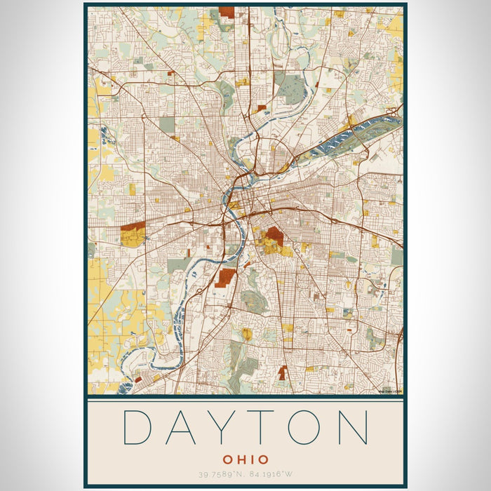 Dayton Ohio Map Print Portrait Orientation in Woodblock Style With Shaded Background