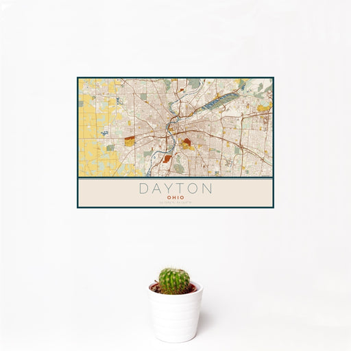 12x18 Dayton Ohio Map Print Landscape Orientation in Woodblock Style With Small Cactus Plant in White Planter