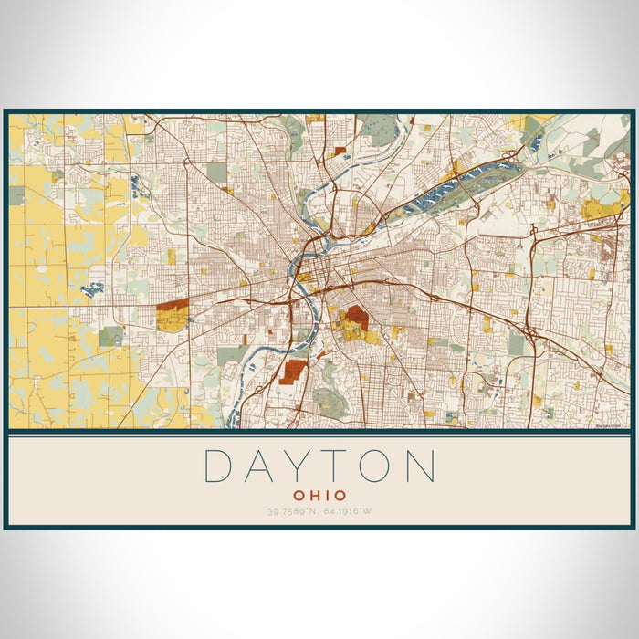 Dayton Ohio Map Print Landscape Orientation in Woodblock Style With Shaded Background
