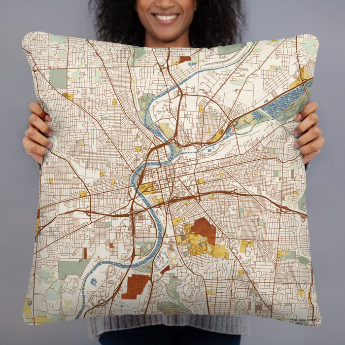 Person holding 22x22 Custom Dayton Ohio Map Throw Pillow in Woodblock