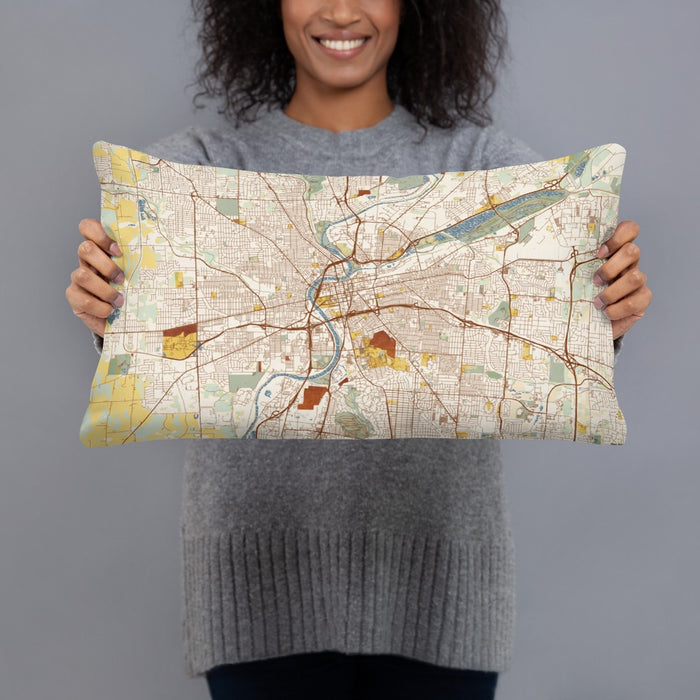 Person holding 20x12 Custom Dayton Ohio Map Throw Pillow in Woodblock