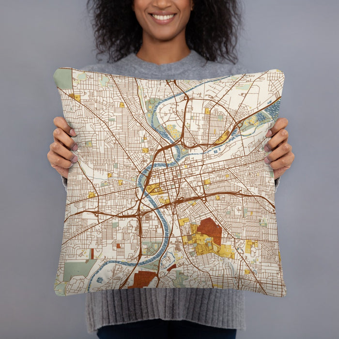 Person holding 18x18 Custom Dayton Ohio Map Throw Pillow in Woodblock