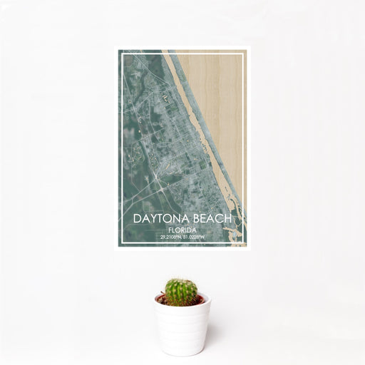 12x18 Daytona Beach Florida Map Print Portrait Orientation in Afternoon Style With Small Cactus Plant in White Planter
