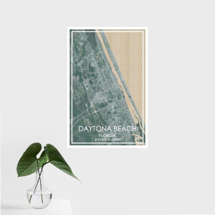 16x24 Daytona Beach Florida Map Print Portrait Orientation in Afternoon Style With Tropical Plant Leaves in Water