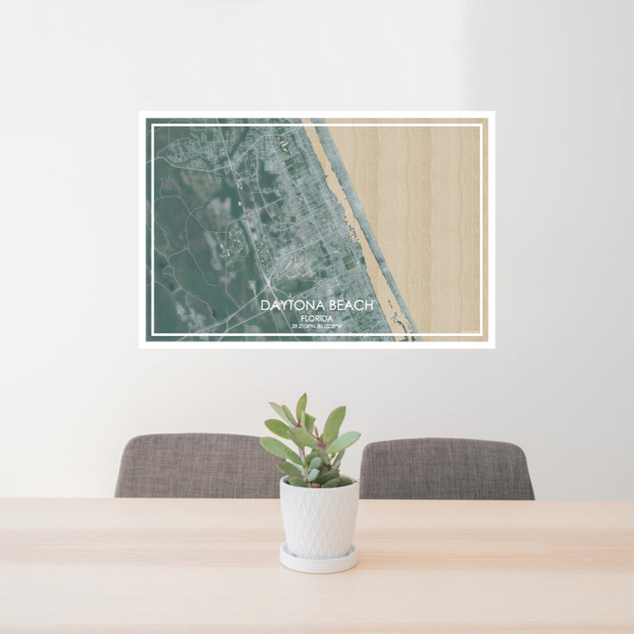 24x36 Daytona Beach Florida Map Print Lanscape Orientation in Afternoon Style Behind 2 Chairs Table and Potted Plant