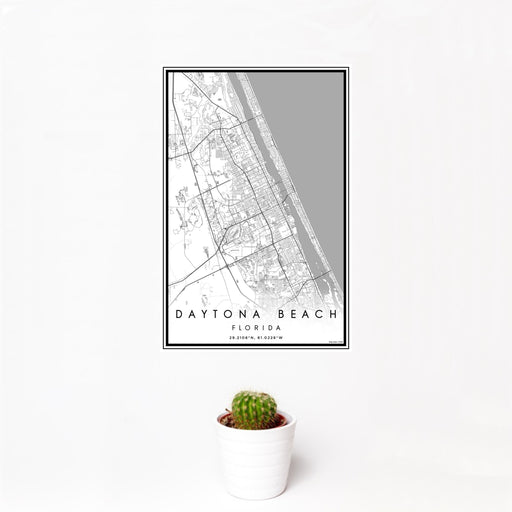 12x18 Daytona Beach Florida Map Print Portrait Orientation in Classic Style With Small Cactus Plant in White Planter