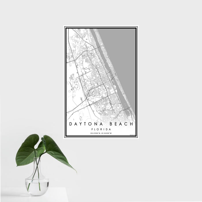 16x24 Daytona Beach Florida Map Print Portrait Orientation in Classic Style With Tropical Plant Leaves in Water