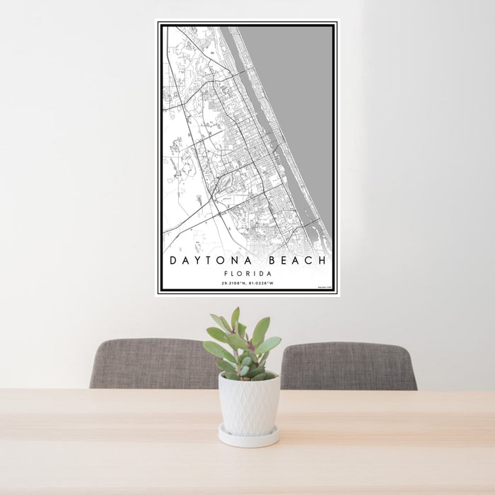 24x36 Daytona Beach Florida Map Print Portrait Orientation in Classic Style Behind 2 Chairs Table and Potted Plant
