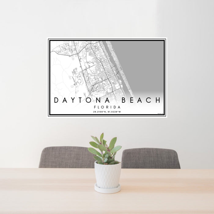 24x36 Daytona Beach Florida Map Print Landscape Orientation in Classic Style Behind 2 Chairs Table and Potted Plant