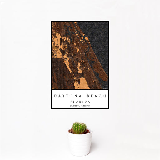 12x18 Daytona Beach Florida Map Print Portrait Orientation in Ember Style With Small Cactus Plant in White Planter
