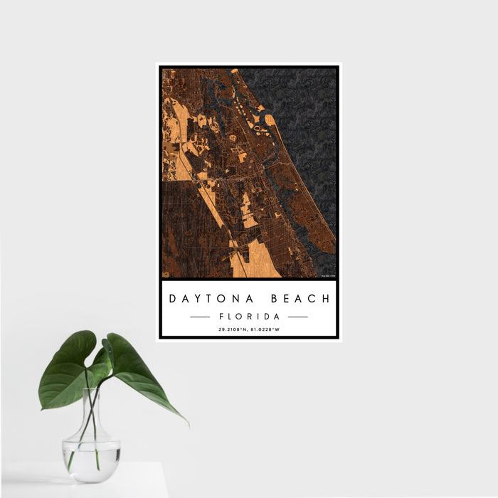 16x24 Daytona Beach Florida Map Print Portrait Orientation in Ember Style With Tropical Plant Leaves in Water