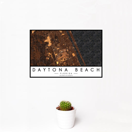 12x18 Daytona Beach Florida Map Print Landscape Orientation in Ember Style With Small Cactus Plant in White Planter