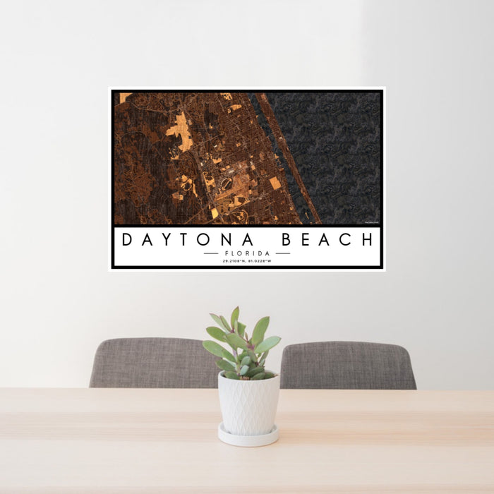 24x36 Daytona Beach Florida Map Print Landscape Orientation in Ember Style Behind 2 Chairs Table and Potted Plant