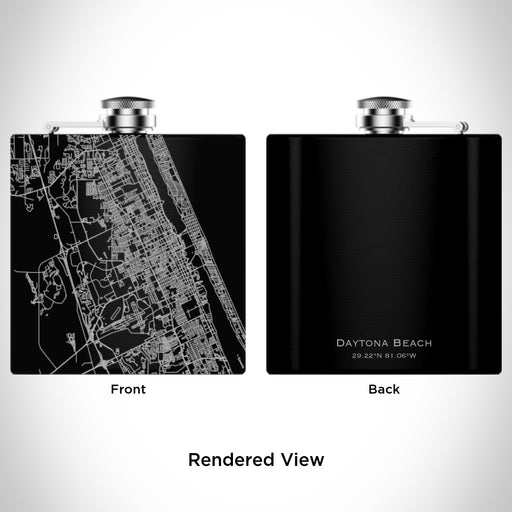 Rendered View of Daytona Beach Florida Map Engraving on 6oz Stainless Steel Flask in Black
