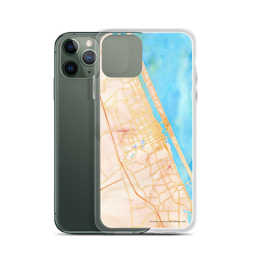 Custom Daytona Beach Florida Map Phone Case in Watercolor on Table with Laptop and Plant