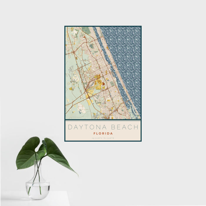 16x24 Daytona Beach Florida Map Print Portrait Orientation in Woodblock Style With Tropical Plant Leaves in Water