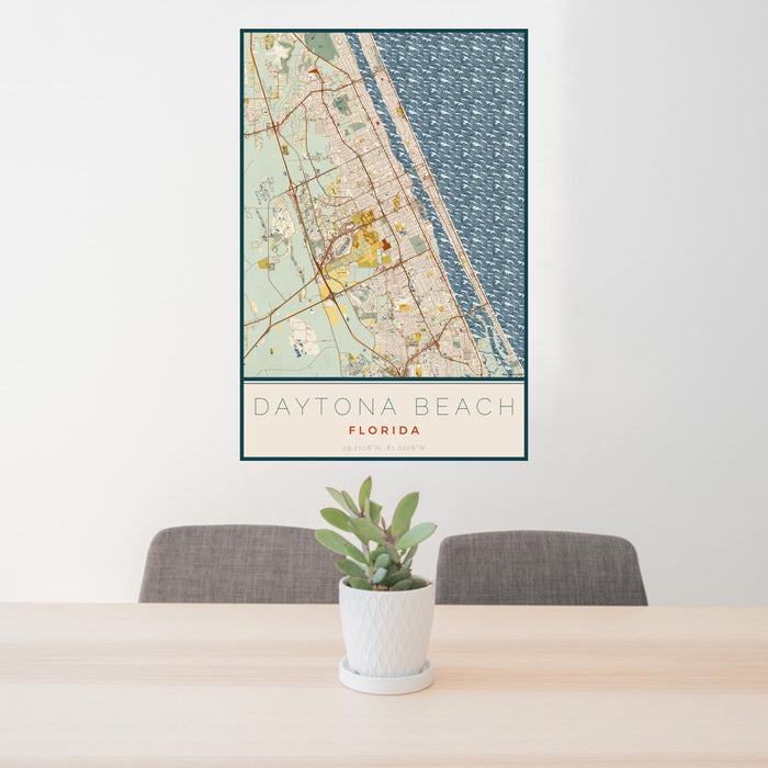24x36 Daytona Beach Florida Map Print Portrait Orientation in Woodblock Style Behind 2 Chairs Table and Potted Plant