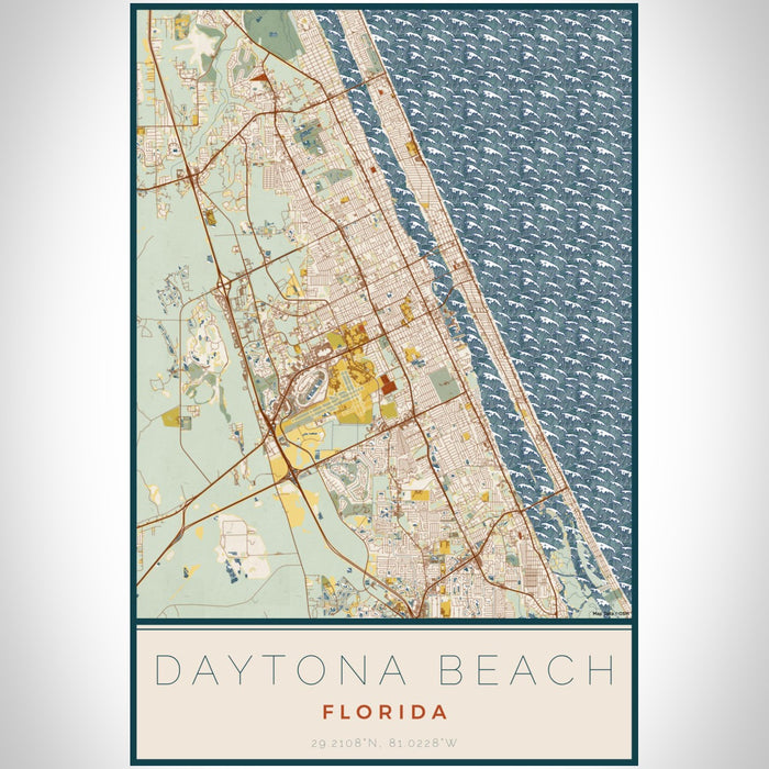 Daytona Beach Florida Map Print Portrait Orientation in Woodblock Style With Shaded Background