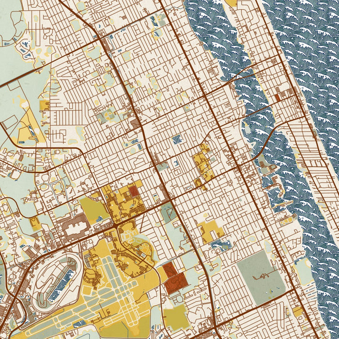 Daytona Beach Florida Map Print in Woodblock Style Zoomed In Close Up Showing Details