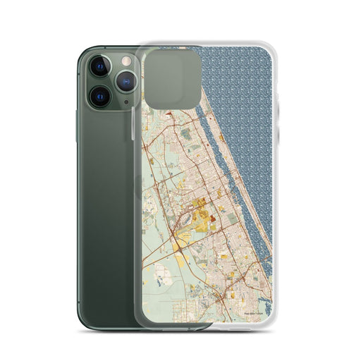 Custom Daytona Beach Florida Map Phone Case in Woodblock on Table with Laptop and Plant