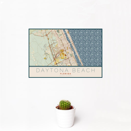 12x18 Daytona Beach Florida Map Print Landscape Orientation in Woodblock Style With Small Cactus Plant in White Planter