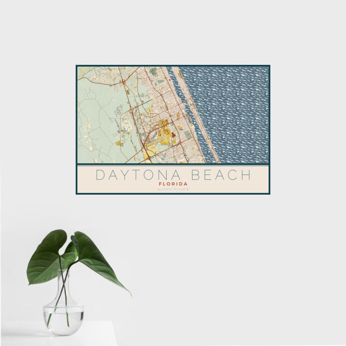 16x24 Daytona Beach Florida Map Print Landscape Orientation in Woodblock Style With Tropical Plant Leaves in Water