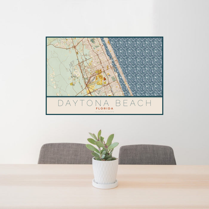 24x36 Daytona Beach Florida Map Print Landscape Orientation in Woodblock Style Behind 2 Chairs Table and Potted Plant