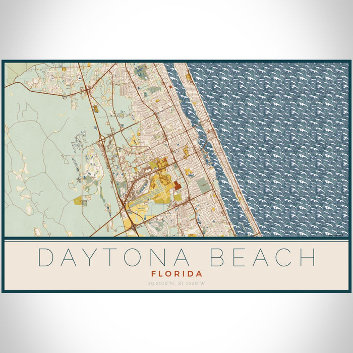 Daytona Beach Florida Map Print Landscape Orientation in Woodblock Style With Shaded Background