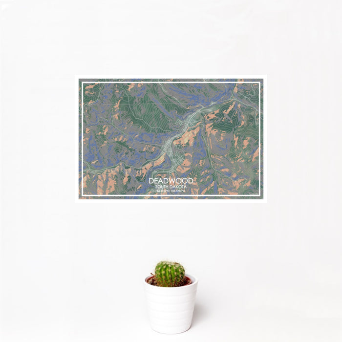 12x18 Deadwood South Dakota Map Print Landscape Orientation in Afternoon Style With Small Cactus Plant in White Planter