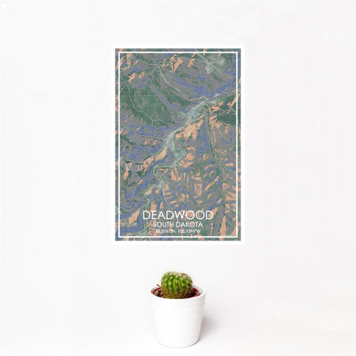 12x18 Deadwood South Dakota Map Print Portrait Orientation in Afternoon Style With Small Cactus Plant in White Planter