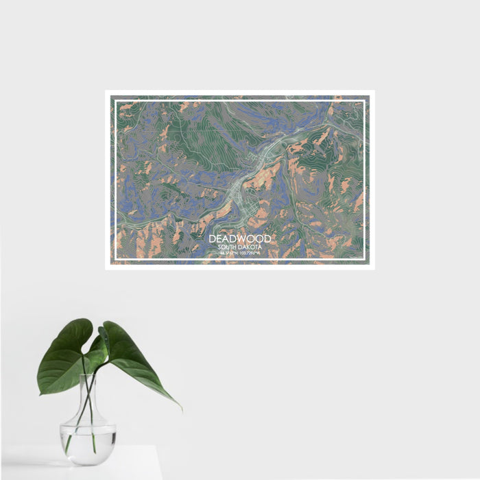 16x24 Deadwood South Dakota Map Print Landscape Orientation in Afternoon Style With Tropical Plant Leaves in Water