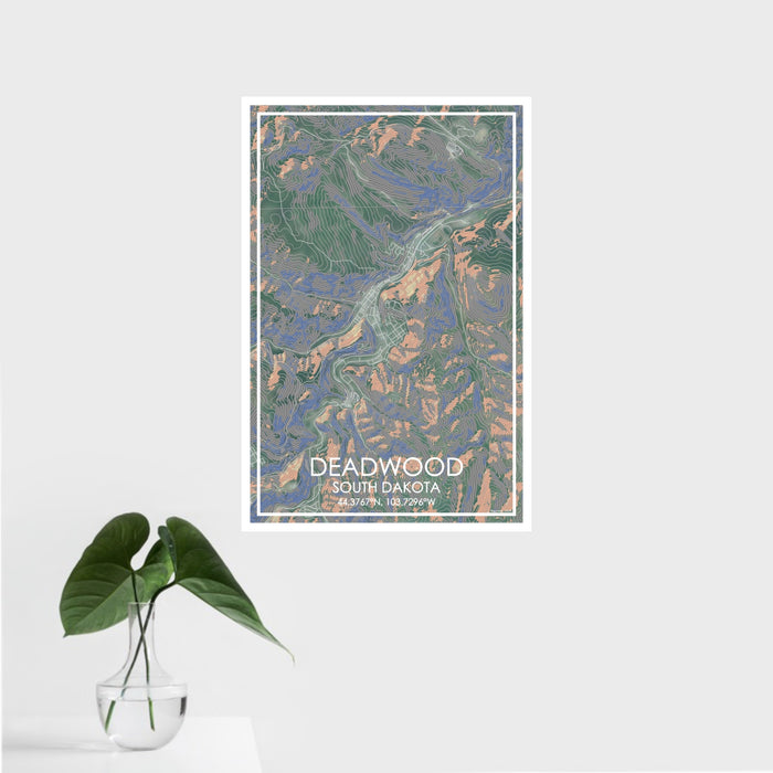 16x24 Deadwood South Dakota Map Print Portrait Orientation in Afternoon Style With Tropical Plant Leaves in Water
