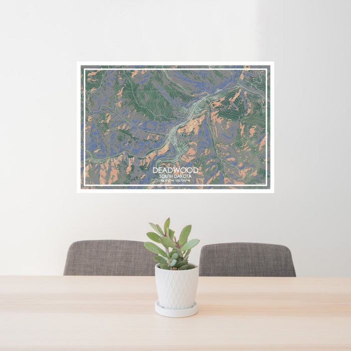 24x36 Deadwood South Dakota Map Print Lanscape Orientation in Afternoon Style Behind 2 Chairs Table and Potted Plant