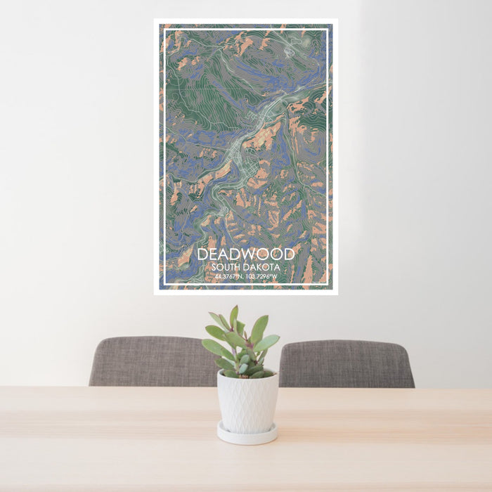 24x36 Deadwood South Dakota Map Print Portrait Orientation in Afternoon Style Behind 2 Chairs Table and Potted Plant