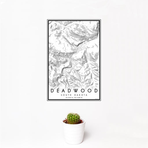 12x18 Deadwood South Dakota Map Print Portrait Orientation in Classic Style With Small Cactus Plant in White Planter