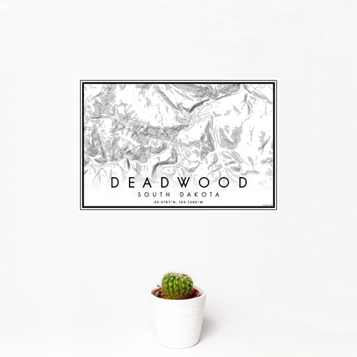 12x18 Deadwood South Dakota Map Print Landscape Orientation in Classic Style With Small Cactus Plant in White Planter