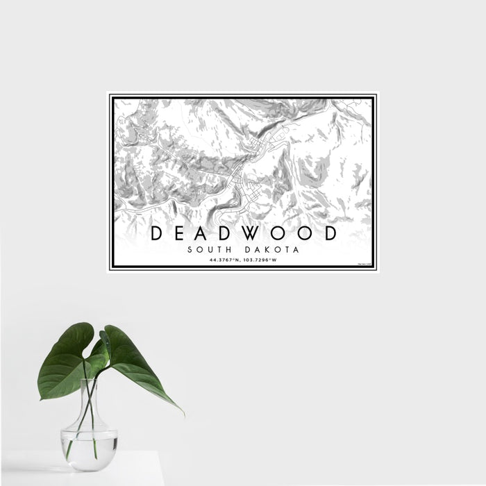 16x24 Deadwood South Dakota Map Print Landscape Orientation in Classic Style With Tropical Plant Leaves in Water