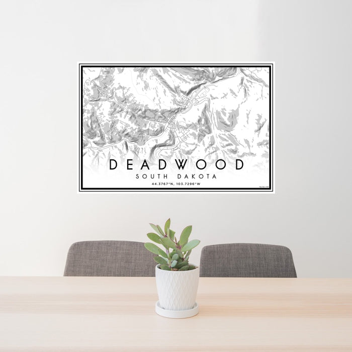 24x36 Deadwood South Dakota Map Print Landscape Orientation in Classic Style Behind 2 Chairs Table and Potted Plant